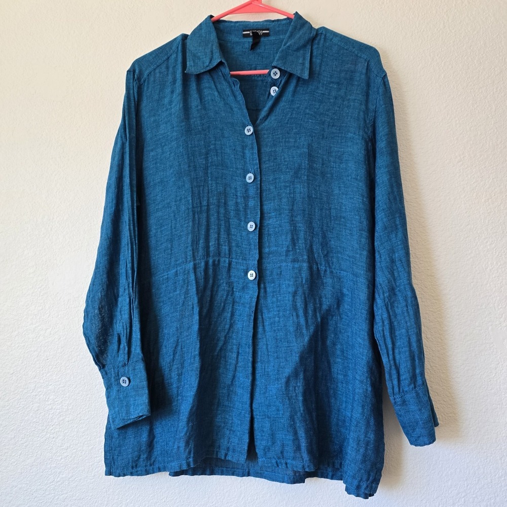 Escada Sport 100% Linen Button Down Tunic Top Teal Quiet Luxury Relaxed Sz Small